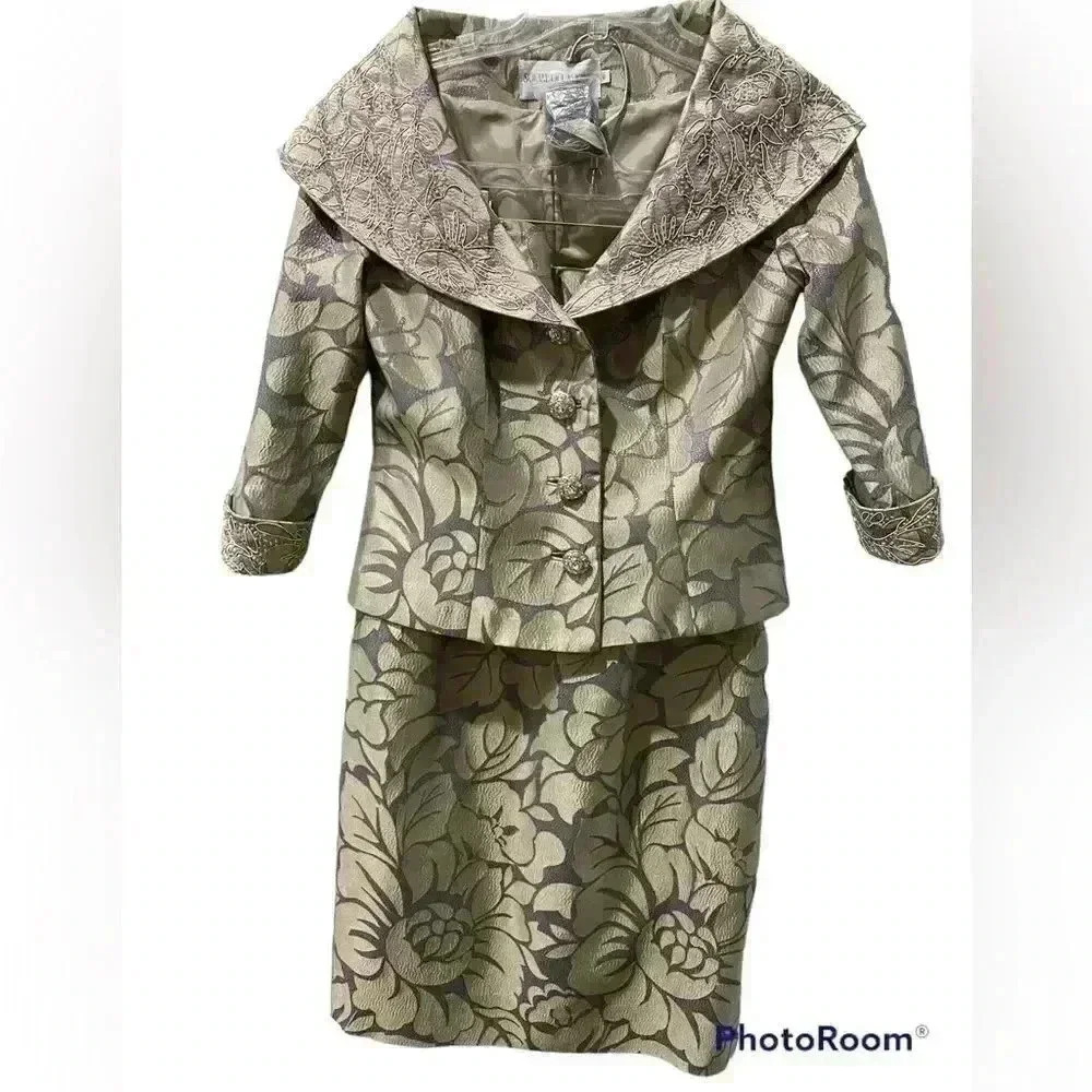 NEW SOCIAL OCCASIONS By Mon Cheri 2 Piece Taffeta Silver Metallic Gold Floral 6